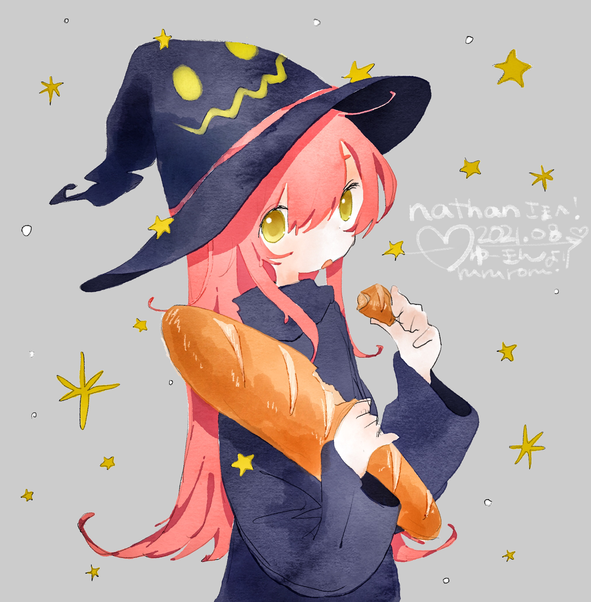 a girl with pink hair and yellow eyes wearing an oversized black dress and a black hat with a jack o'lantern face on it. she is holding a baguette and eating a piece of it. there are stars behind her.