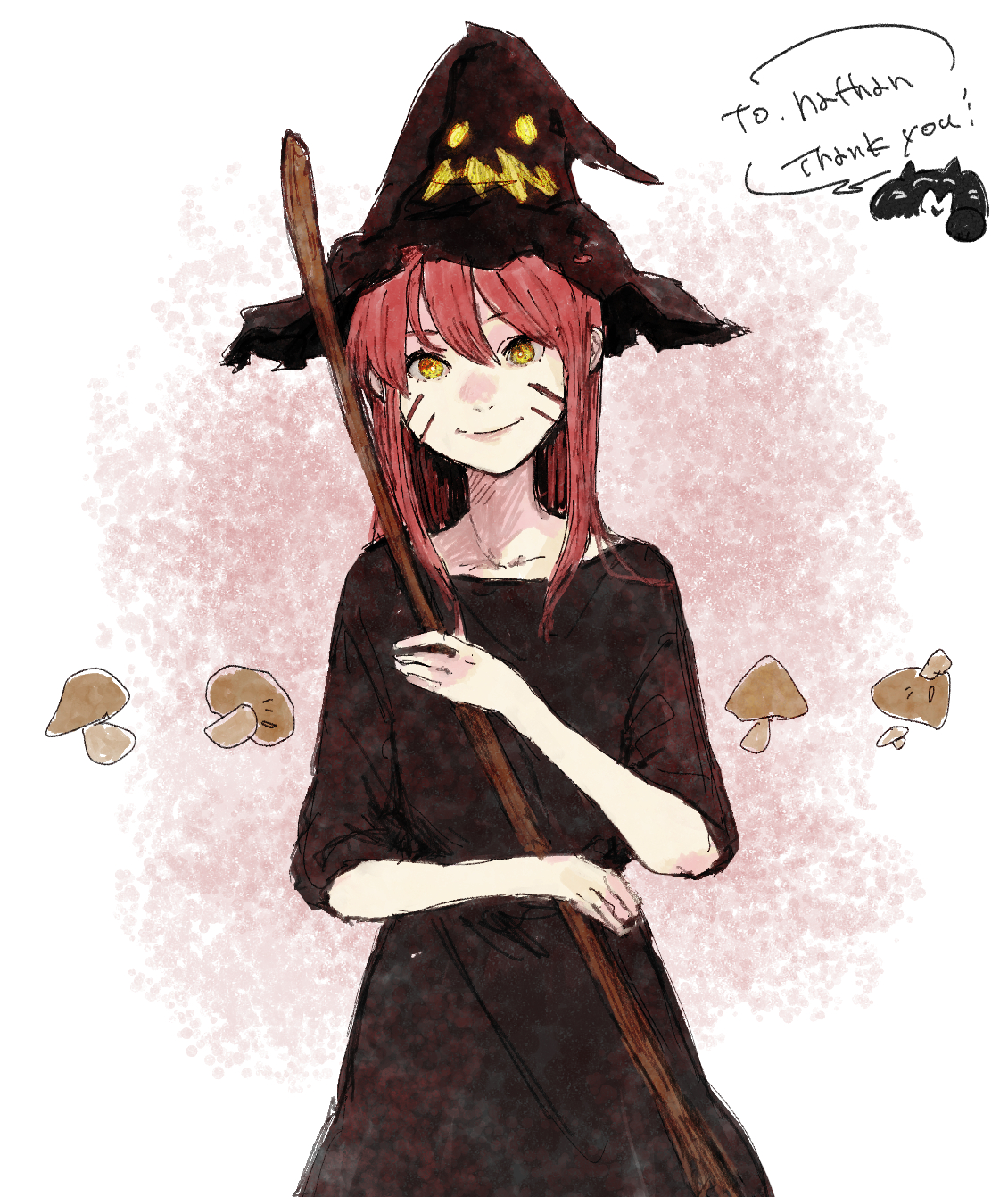 a girl with red hair and yellow eyes wearing a black dress and a black hat with a jack o'lantern face on it, holding a broomstick with mushrooms in the background