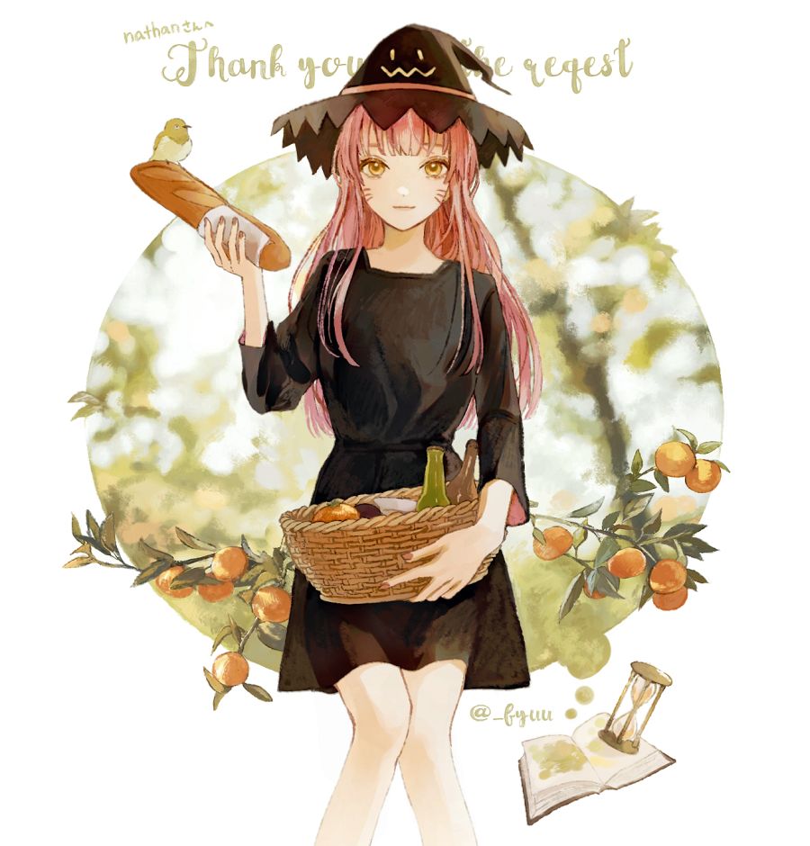 A girl with long pink hair, yellow eyes, a black dress, and a black witch hat with a jack-o-lantern face on it. She is holding a loaf of bread in one hand that has a yellow bird resting on it. In her lap is a basket of glass bottles and vegetables. Behind her is a blurry forest, with a branch of orange fruit in focus. Below her is a open book with an hourglass.
