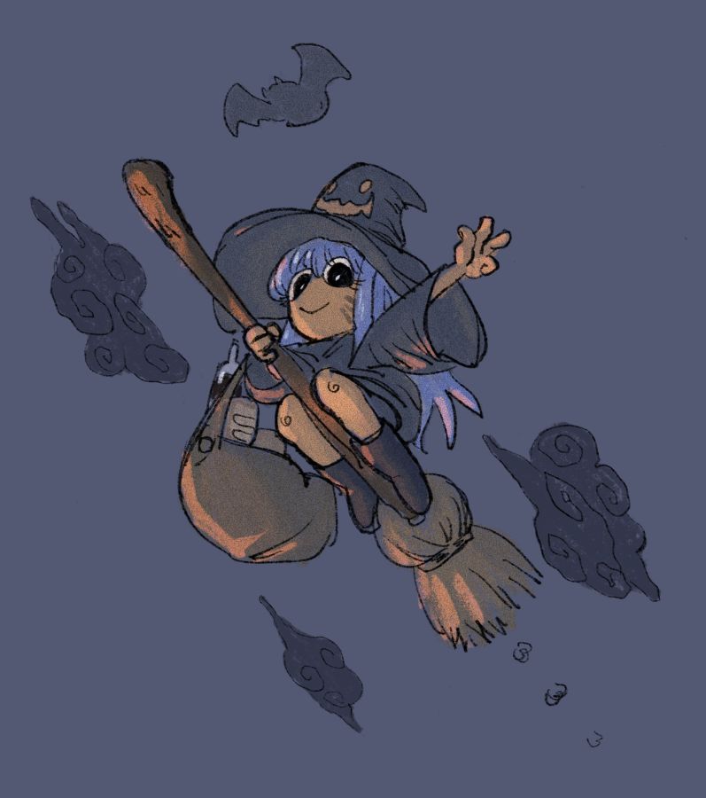 a girl with blue hair and black eyes wearing an oversized black dress and a black hat with a jack o'lantern face on it. she is flying through the night sky on a broom with dark clouds and a bat behind her, around her arm is a bag with bread in it