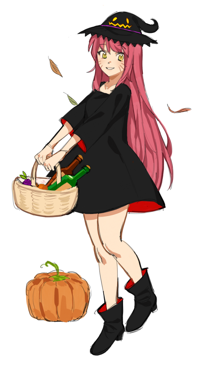a girl with pink hair and yellow eyes wearing an oversized black dress and a black hat with a jack o'lantern face on it. she's holding a basket of fruits and bottles, orange and green leaves are falling around her, there's a pumpkin on the ground next to her