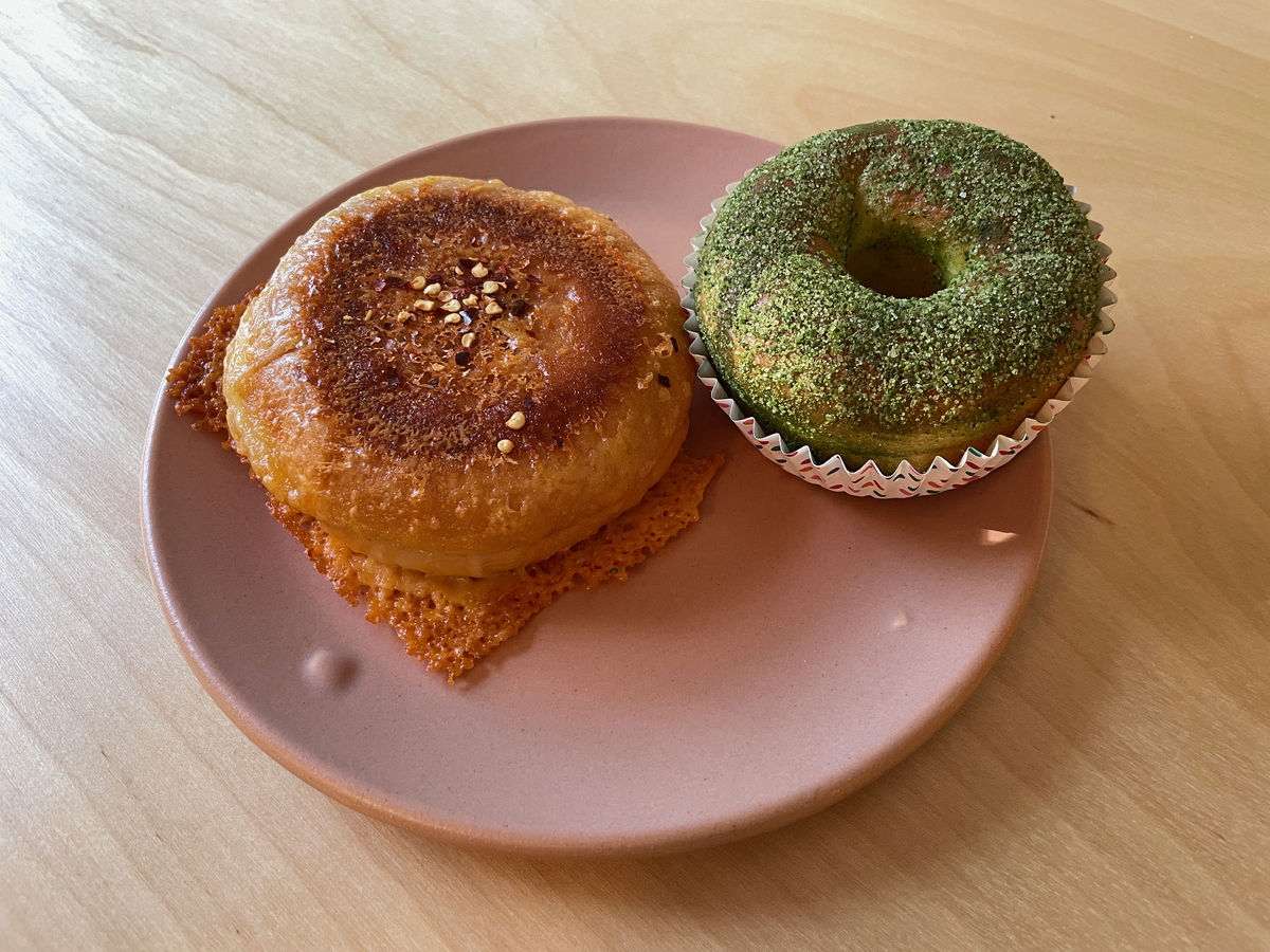 ham and cheese panini and matcha donut