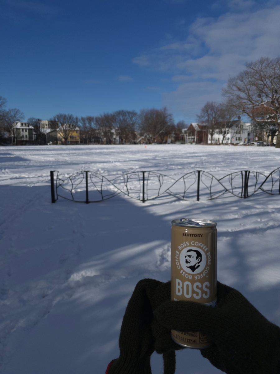 snowy park with a canned boss coffee